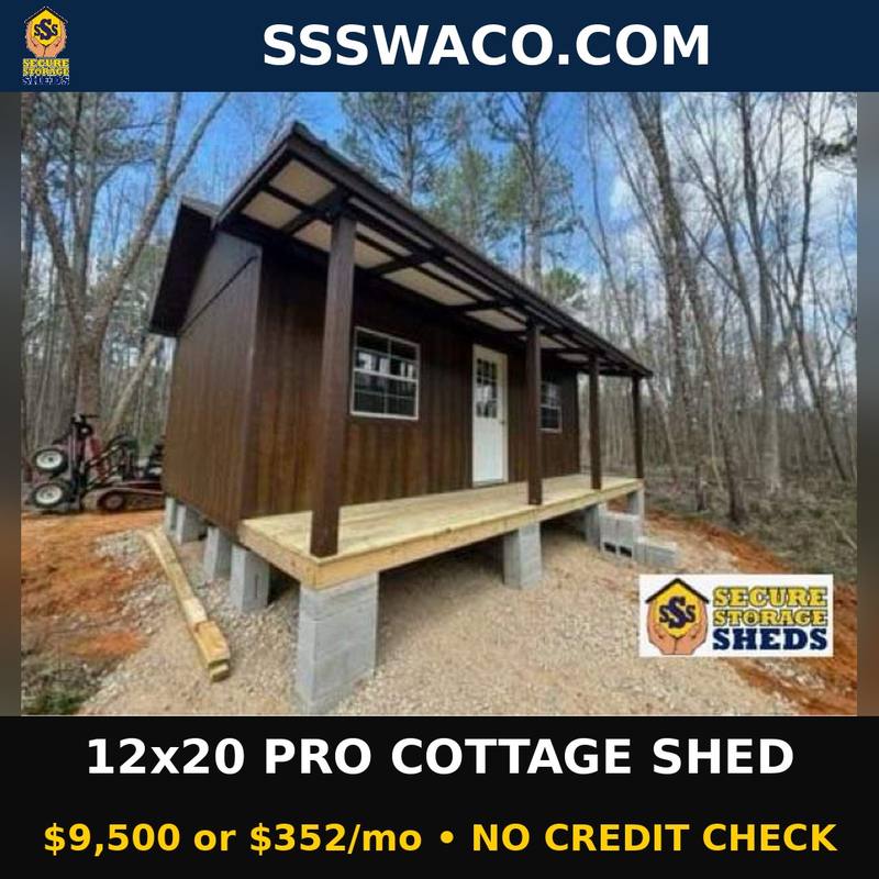 Secure Storage Sheds 240 Sqft Pro Cottage Shed $352/mo, only $352 down, delivered!