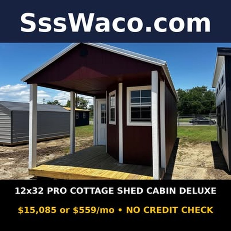 Secure Storage Sheds 384 Sqft Pro Cottage Shed Cabin Deluxe $559/mo, only $559 down, delivered!