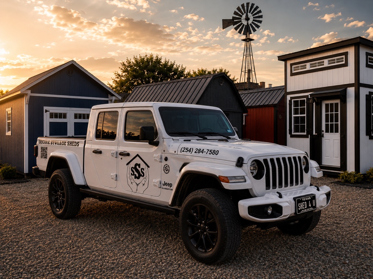 The Secure Storage Sheds of Waco wrapped Jeep Gladiator with phone 254-284-7580 and SSS logo